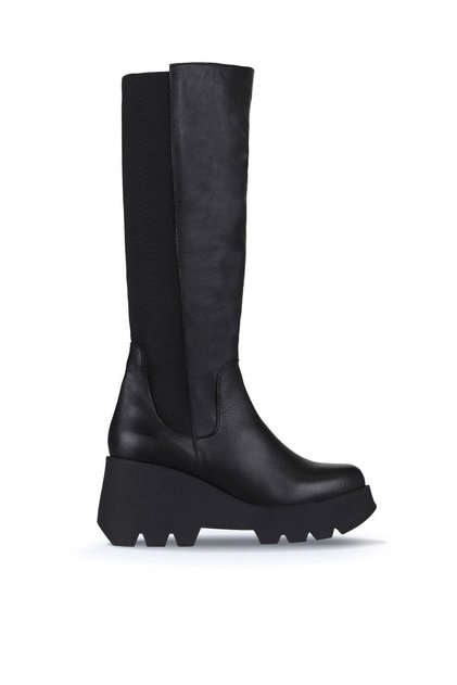 Wedge Heeled Black Leather Women's Boots - 01wz8405