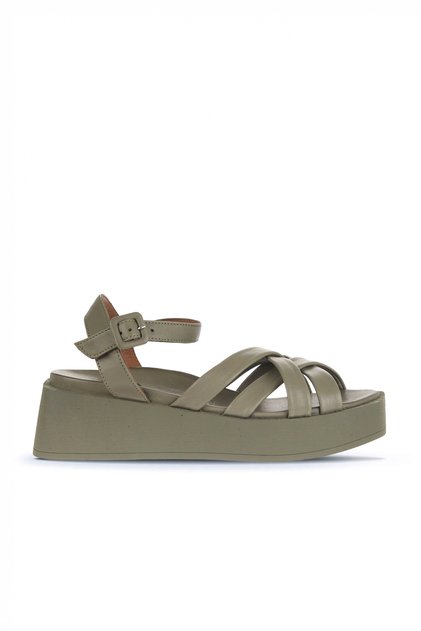 Khaki Leather Women's Wedge Heeled Sandals 01Wa4301