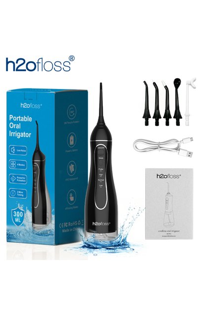 black H2ofloss Water Flosser 300ml Oral Irrigator 140PSI with Gravity Ball Design 5 Modes 5 Tips USB