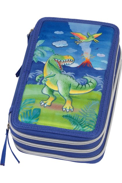 FABER-CASTELL TRUȘĂ PENTRU CREIOANE CU 44 DE PIESE, CU TEMATICĂ DINOSAURI, CU 3 FERMOARE
