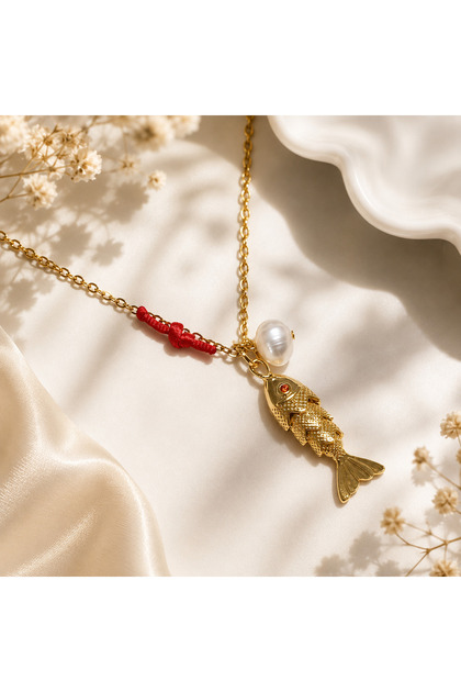 Steel Fish Figured Real Pearl Red Lucky String Necklace