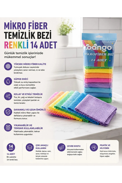 Renkli 14 Adet Mikrofiber Temizlik Bezi