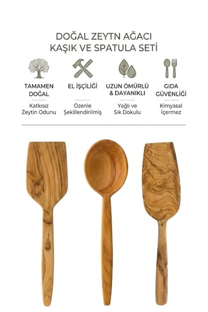 Kamptek Wooden Olive Wood 3-Piece Kitchen Set - Handmade Natural Spatula and Spoon Set
