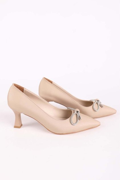 Women's Short Heeled Stone Bow Pointed Toe Evening Dress Shoes in Satin