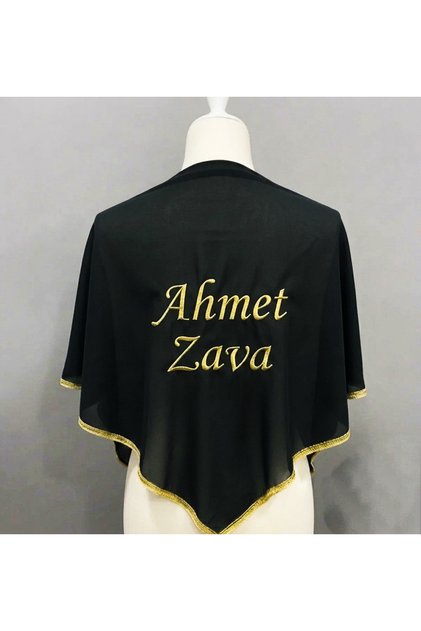 Nakışlı İsme Özel Siyah Zawa Damat Örtüsü - Eldivenli Kına Örtüsü - Gold Kenar Biyeli Zava Düğün Omuz Örtüsü