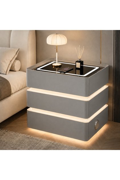 Noptieră Smart Premium cu 3 Sertare, Încărcare Wireless, Port USB, 2 Boxe Bluetooth și LED