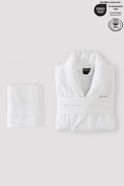 Robe Set 100% Cotton Certified Shalyaka Bathrobe Head Towel Set 2 Pieces White