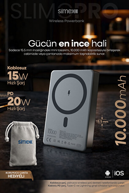 Simex iPhone 10000mAh MagSafe 20W Kablosuz Powerbank Şarj Cihazı