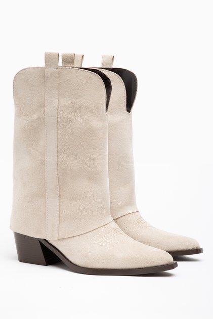 Beigefarbene, cremefarbene, matte Wildlederhose, flache Western-Cowboy-Stiefel