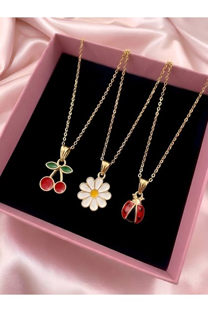 Gold Renk 3 Lü Şanslı Uğur Böceği Papatya Kiraz Kombin Set Kolye