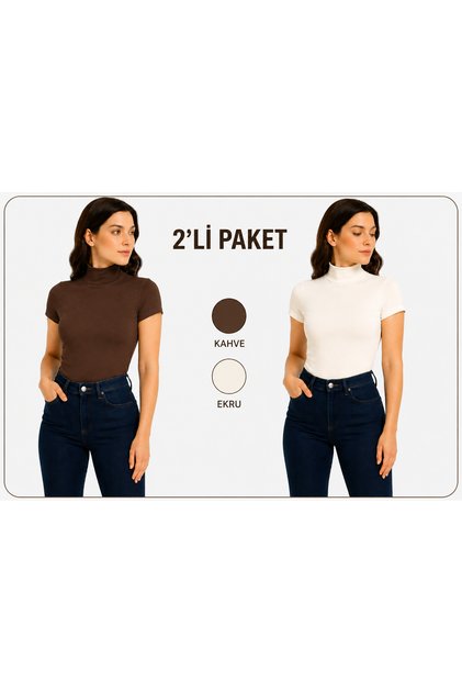 body yarım balıkçı yaka kısa kol örme kumaş viskon basic kadın bluz badi body 2 li paket