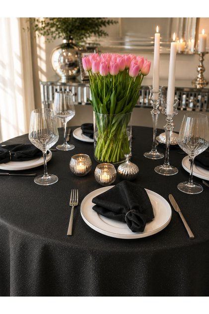 Royal Linen Textured Glitter Round Tablecloth Black