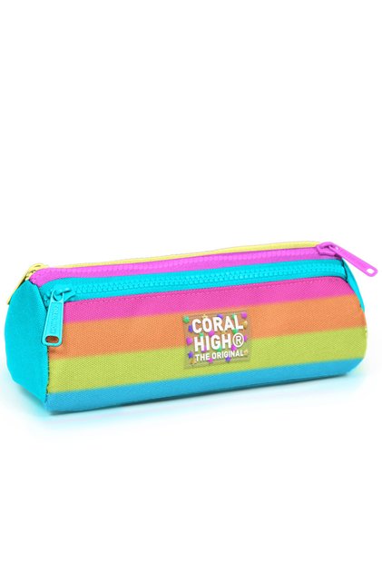 Kids Colorful Striped Three Compartment Pencil Bag 22086