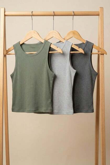 3 piese Tricou cu bretele din amestec de viscoză, cu nervuri