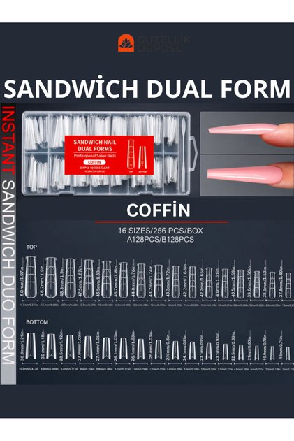 Sandviç Tırnak İkili Dual Form Seti - 256 Adet 16 Boyut Sandwich Protez Tırnak Uzatma Kalıbı Üst ve Alt Şeffaf Kalıplar