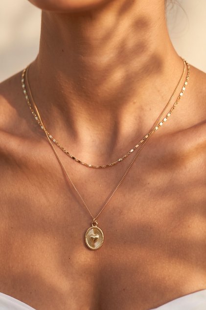 Women's Plate Heart and Mirrored Italian Chain Gold Necklace