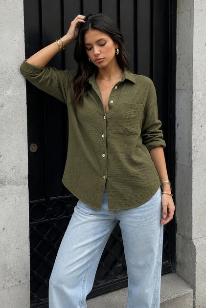Khaki Long Sleeve Muslin Shirt with Pockets Sh158
