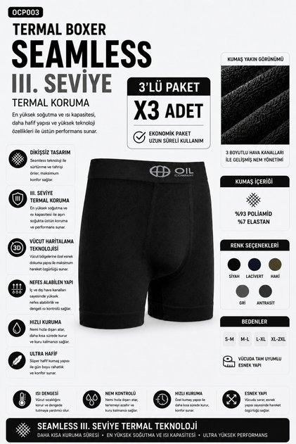 Ocp003 Unisex Thermal Black Boxer Seamless 3. Level Breathable Flexible 3-Piece Boxers