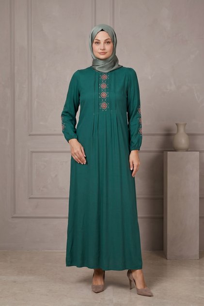 Women's Plus Size Woven Viscose Fabric Long Sleeve Hijab Dress / Emerald 33440