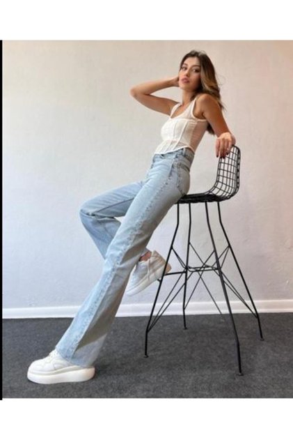 Zeylan Women's Light Blue High Waist Washed Wide Leg 90's Jeans Fit Fit Pants