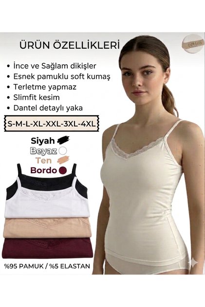 Women's 4-Piece Cotton String Strapped Undershirt with V-neck Lace Detail