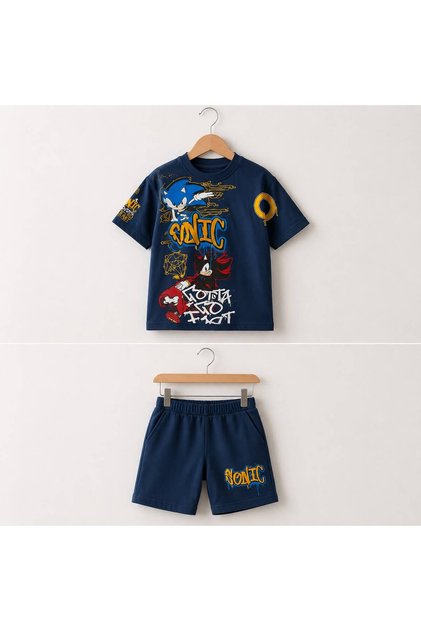 Boys' Front and Sleeves Cropped Printed Cotton Top and Shorts Set