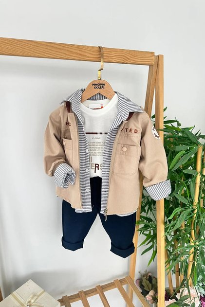 My Little Boy's Striped Shirt with Linen Jacket 4-Piece Set - Beige