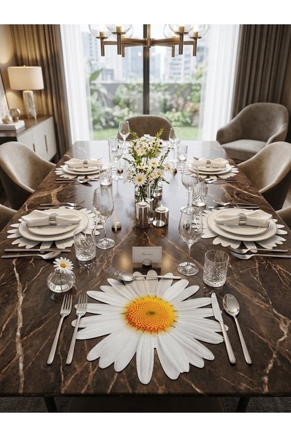 Daisy Pattern Stain Resistant Gardenia Fabric Underlay Leather Digital Printed Placemat & Supla 6 Pieces