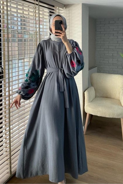 Balloon Embroidered Belt Dress with Sleeves -Grey