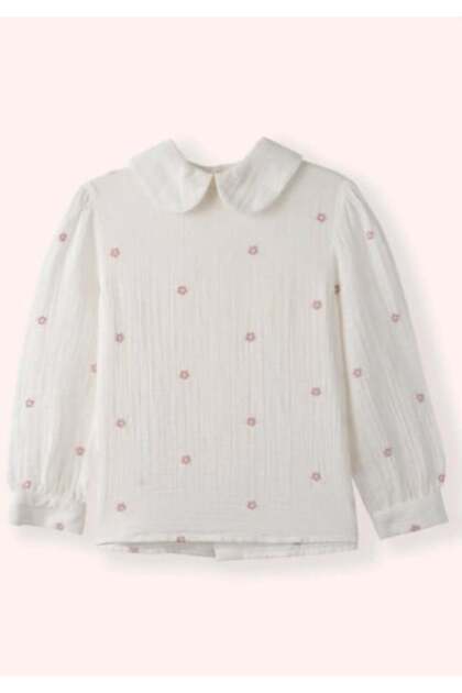 Girl's Baby Collar Floral Print Buttoned Back Shirt 5-2 Years Old White