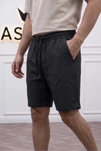 Men's Regular Fit Relaxed Cut Elastic Waist and Drawstring Black Linen Shorts Lightweight and Comfortable
