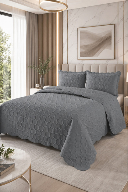 Honey Comb 3D Double Bedspread Set (3 Pieces) - 260X240 cm - with Pvc Bag