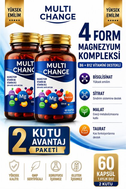 Magnezyum Complex 4X (Bisglisinat, Sitrat, Malat, Taurat) + B6 ve B12 Vitamini | 2'li Paket