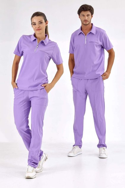 Lilac Polo Collar Doctor Nurse Medical Scrubs Set Luxury Lycra Fabric