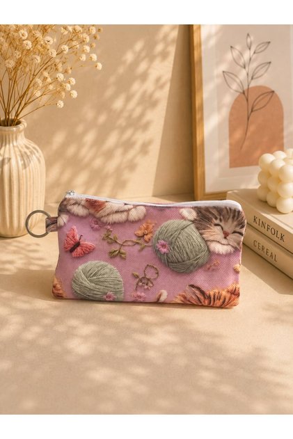 Dijital Baskılı Kedi Desenli Fermuarlı Makyaj & Küçük El Çantası 18x10 cm – Çok Amaçlı Mini Çanta
