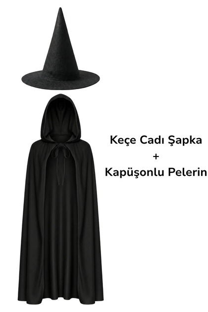 Cadı Şapkası ve Siyah Kapüşonlu Pelerin 2'li Set - Halloween Cadılar Bayramı Kostüm Aksesuarı