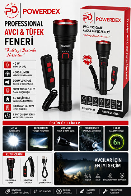PD-815 Pro 40W & 4000 Lümen Professional Zoom’lu El & Tüfek Feneri