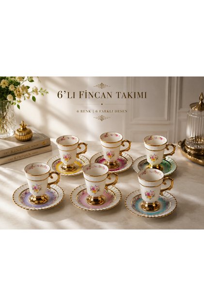 6 Kişilik Çiçek Desenli Porselen Kahve takımı