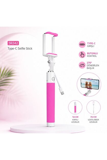 Winex SR342 Katlanabilir Type-C Selfie Girişli Stick Çubuğu Pembe