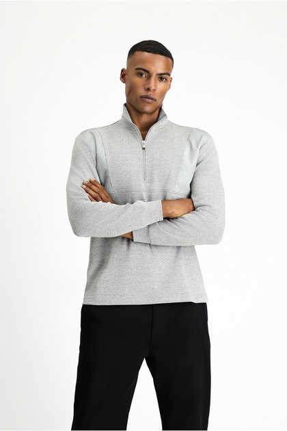 Half Turtleneck Oversize Zippered Patterned Cotton Sweatshirt