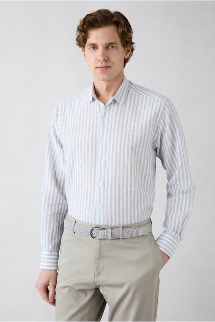 Long Sleeve Regular Fit Striped Cotton Linen Breathable Shirt