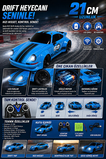 YILDIRIM OYUNCAK Şarjlı R/C Kumandalı Drift Porsche Araba 21 Cm
