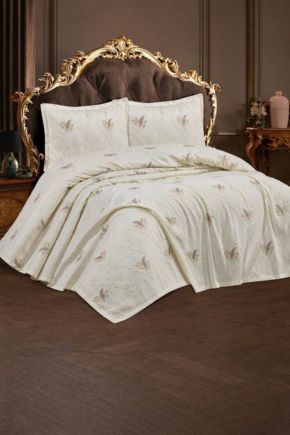 Valencia Modern Chenille Jacquard Dowry Double King Size Pique Cover Set / Bedspread Set 3 Pieces