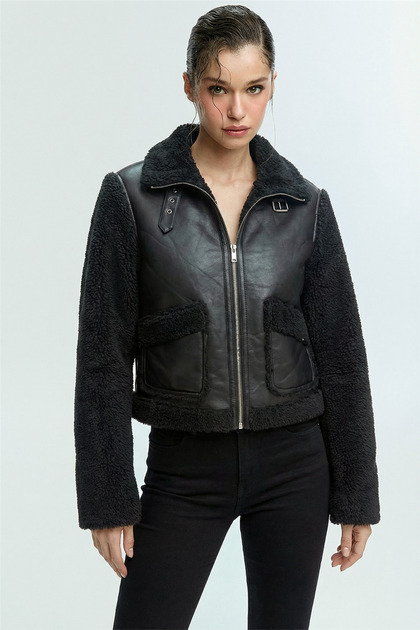 PaluÅŸ Faux Leather 2-Pocket Belted Stand Collar Coat