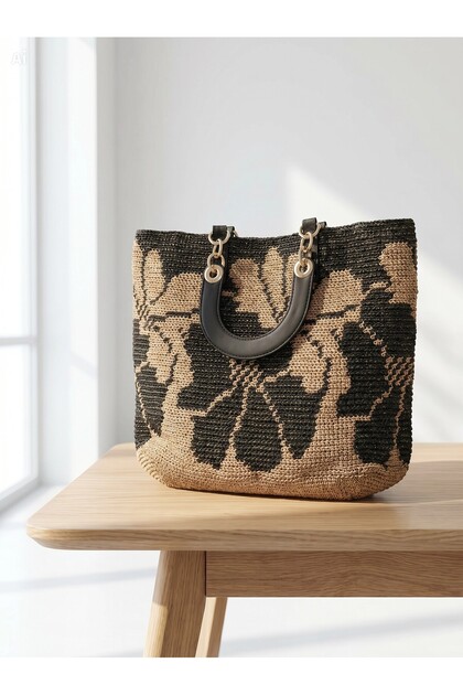 Women's Black Beige Patterned Snap Fastener Shoulder Bag - with Internal Compartment (44X47 cm)