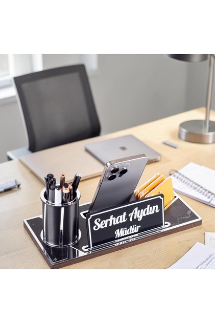 Lora Gümüş Renk Ahşap Masa Organizeri Mermer Desenli Hediye Ofis Dekoratif Masa üstü İsimlik