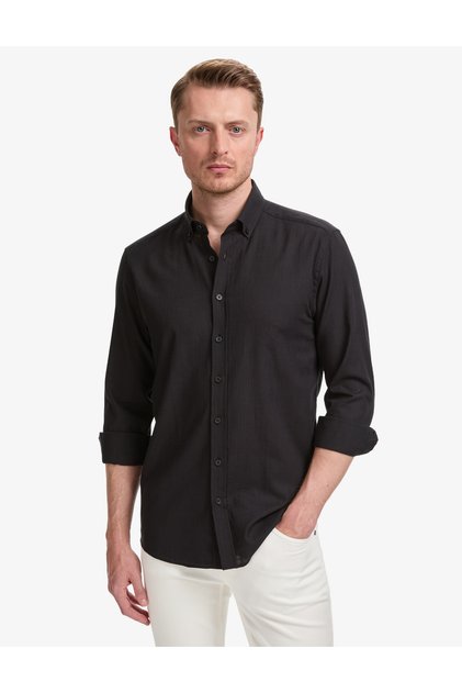 Black 100% Cotton Linen Look Slim Fit Long Sleeve Shirt 50325355-Vr046