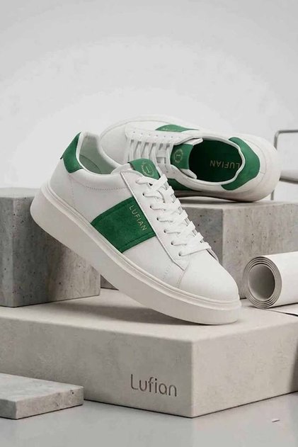 Women's White/Green Genuine Leather Sneaker - Casual High Sole Comfortable Sole Sports Shoes