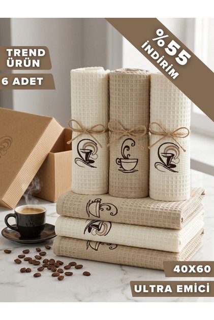 Kahve Molası | 6’lı Mutfak Kurulama Bezi 40x60 | Nakışlı | Ultra Emici | Çok Amaçlı ve Günlük Kullanım Mutfak Havlusu