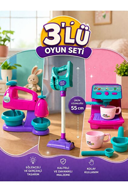 SAZE 3'lü Oyuncak Seti Çocuk Süpürge + Oyuncak Mikser + Kahve